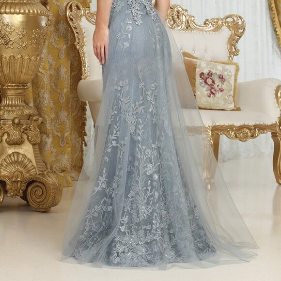 Dusty blue fitted lace applique beaded dress with lace up open back - Picture 8 of 8